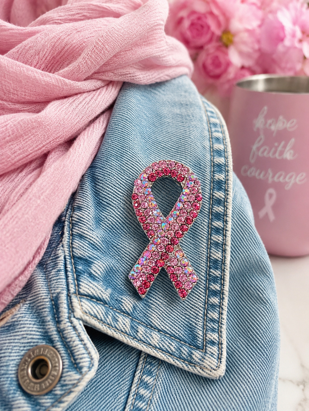 Pink Rhinestones Breast Cancer Awareness Support Pin Brooch Pendant Jewelry